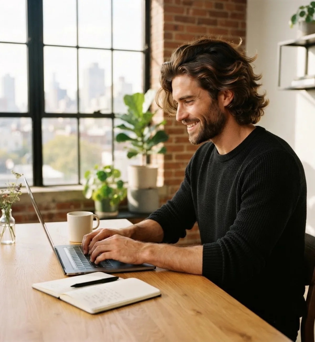 An engineer smiling at his laptop at a wooden desk in a bright loft.